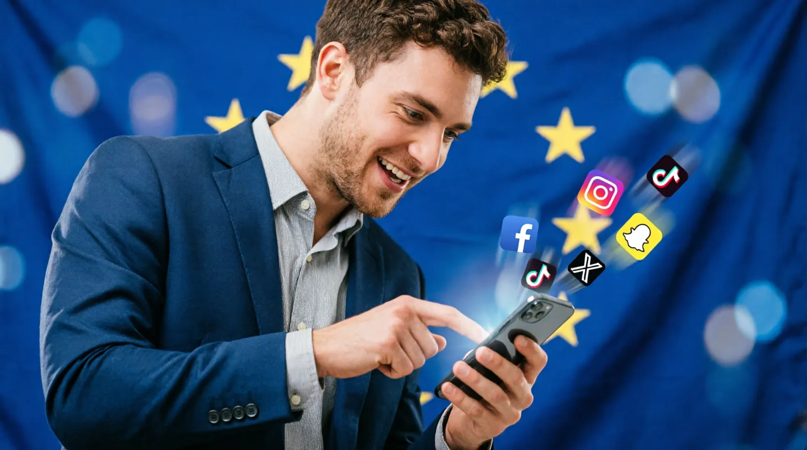европейский флаг и смартфон с иконками социальных сетей