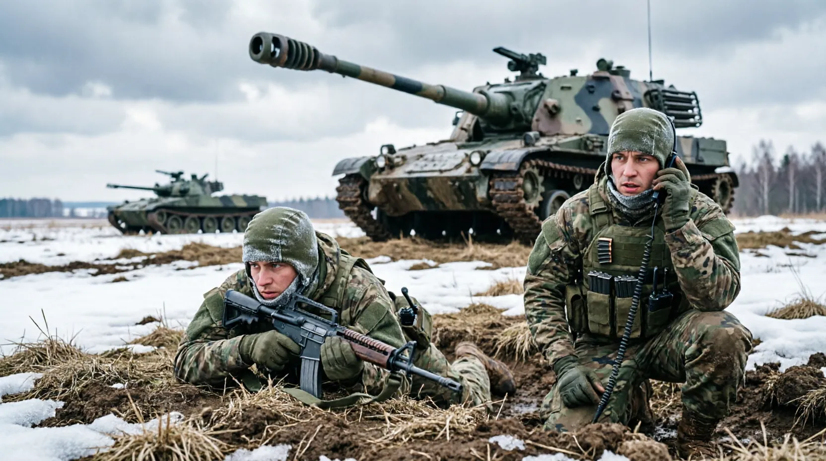 военнослужащие на позиции с техникой