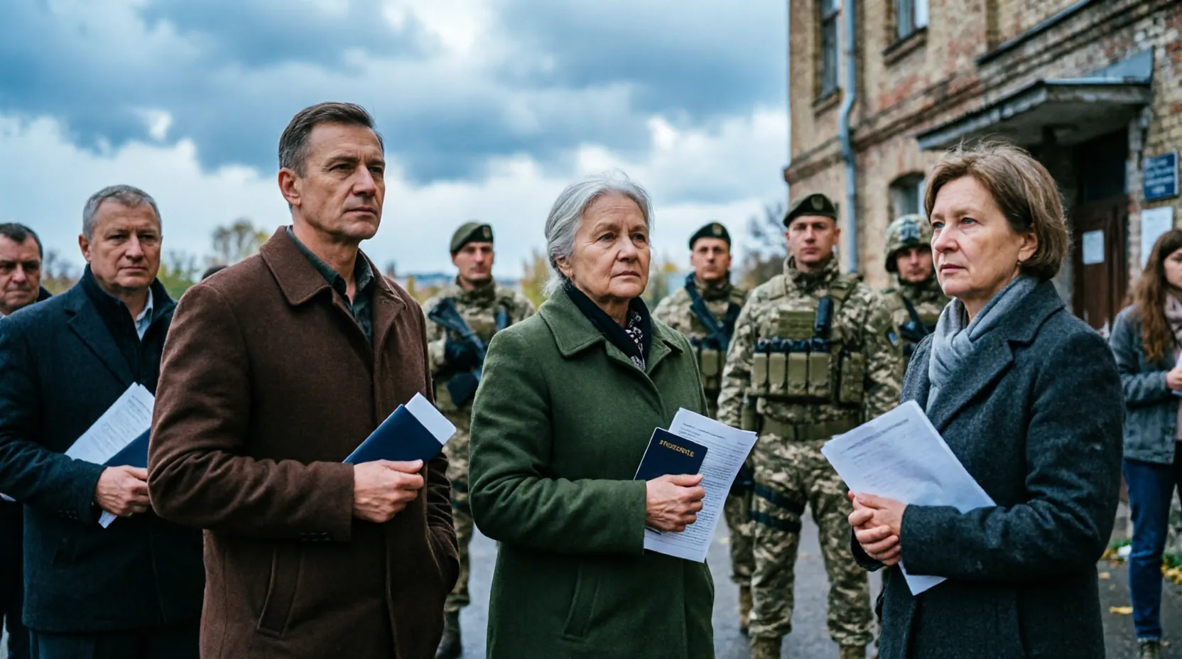 Очередь избирателей у участка в Украине, люди с паспортами, военные на заднем плане, пасмурная погода