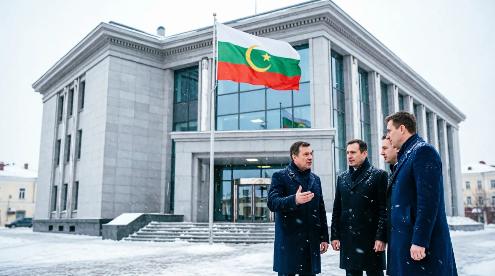 здание ГКУ Главтатдортранс в Казани, серый административный корпус с флагом Татарстана