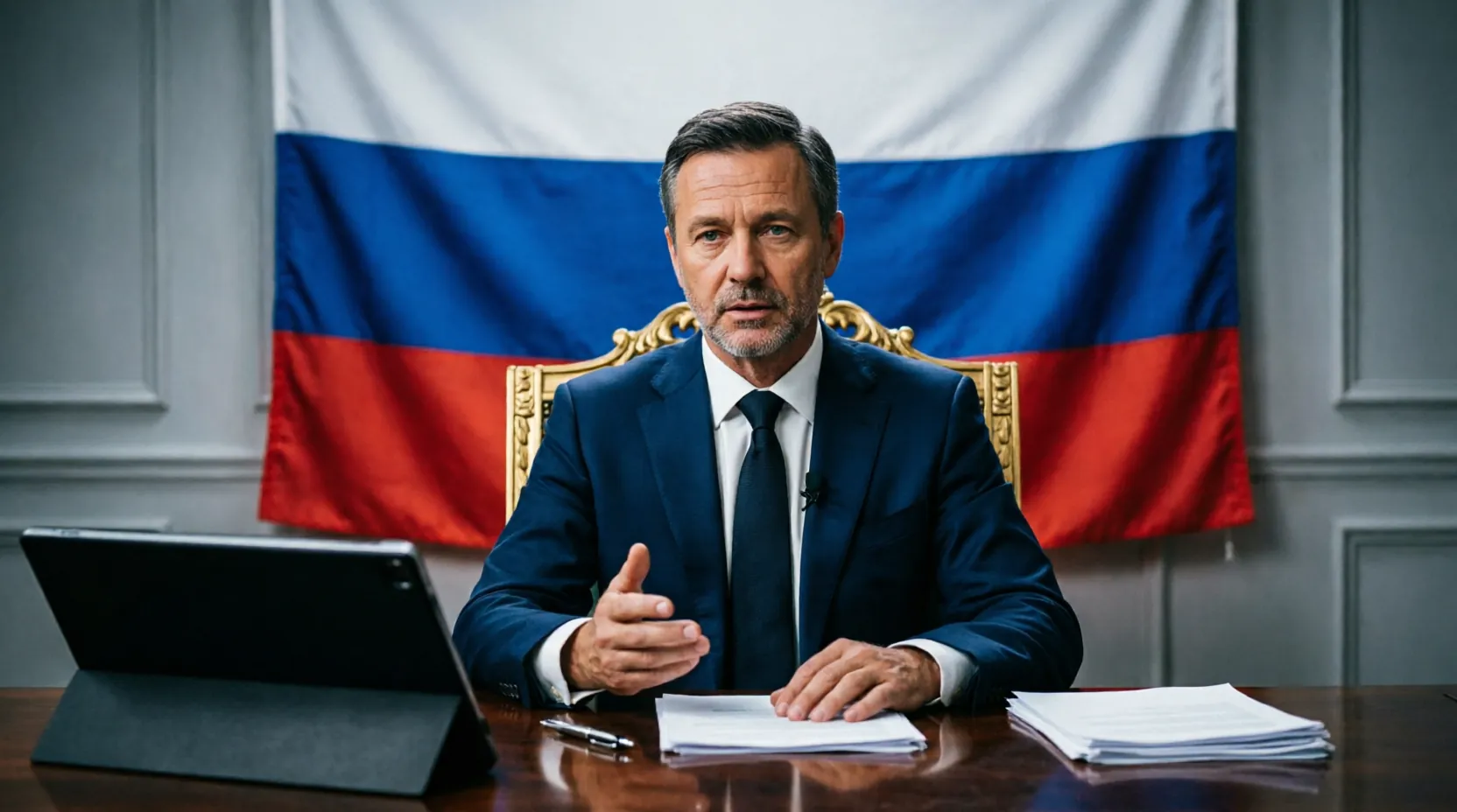 кадр из телеобращения Владимира Путина в студии с флагом на фоне