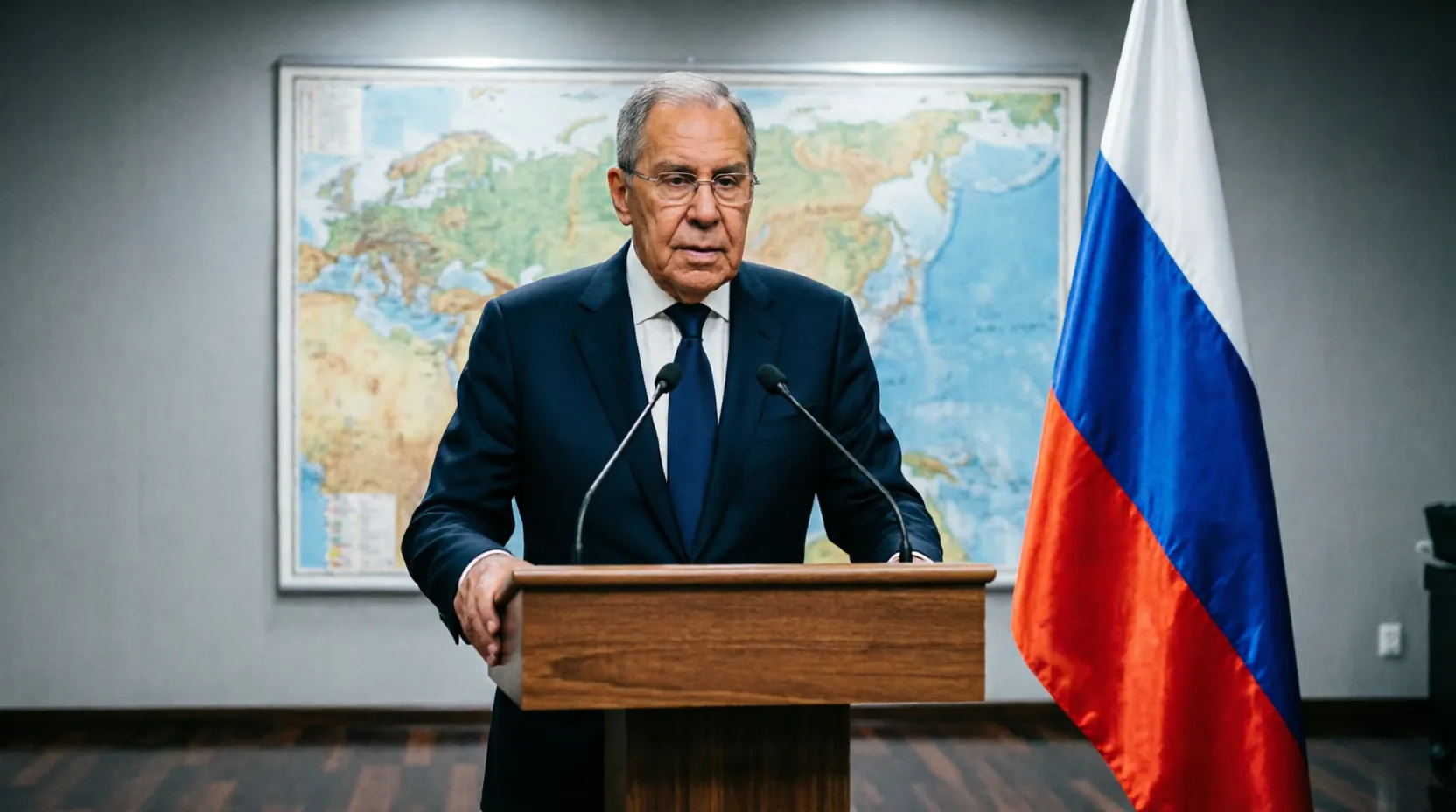 Сергей Лавров выступает за трибуной с флагом России на фоне карт