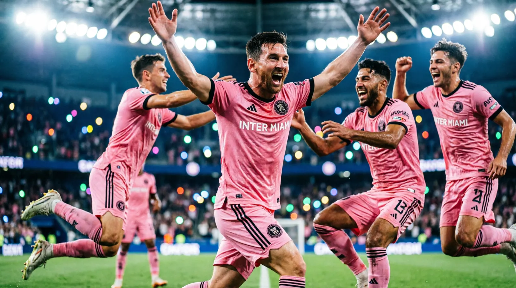 Месси празднует гол в матче за Campeones Cup 2026, вокруг игроки Интер Майами