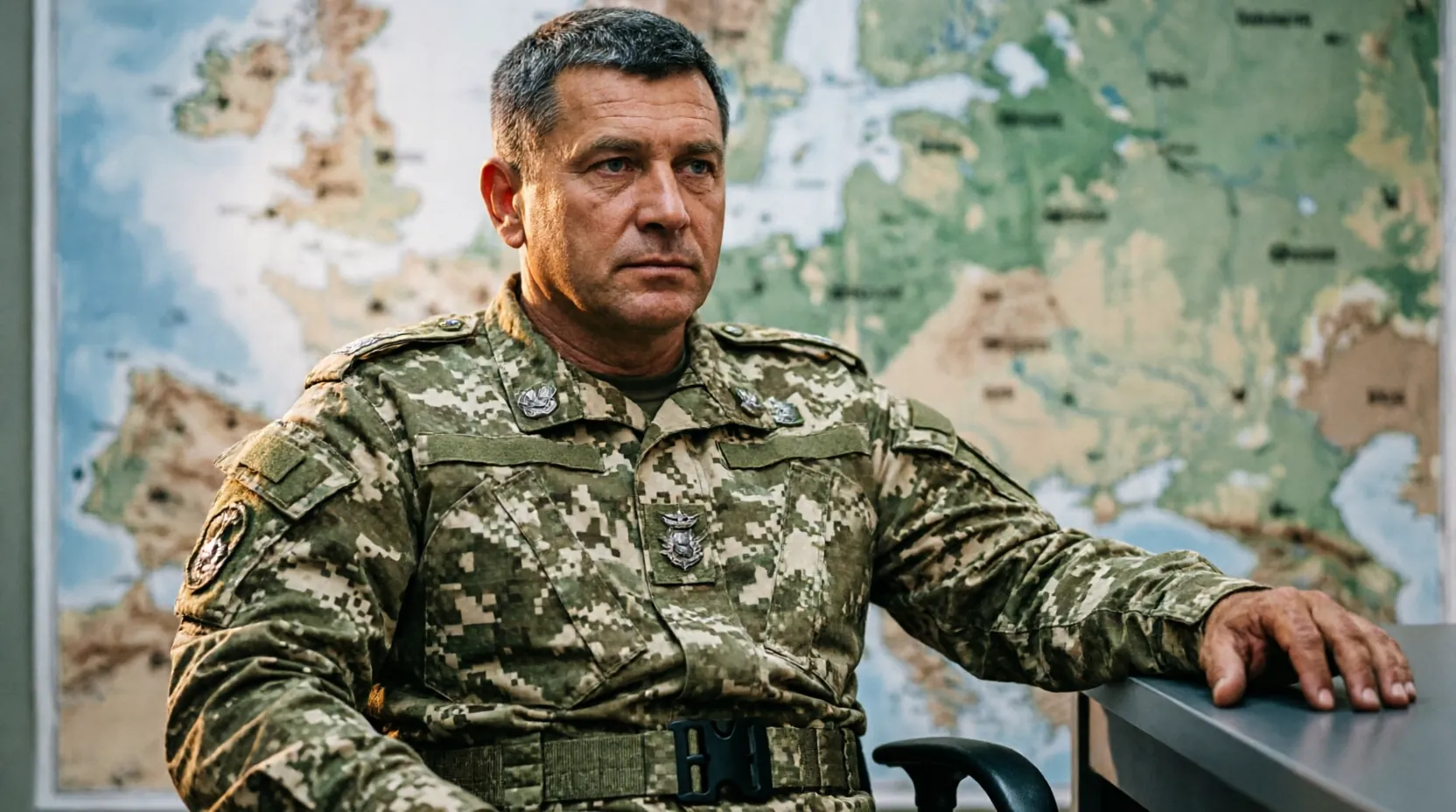 генерал-майор Антон Грунис в военной форме на фоне карты боевых действий