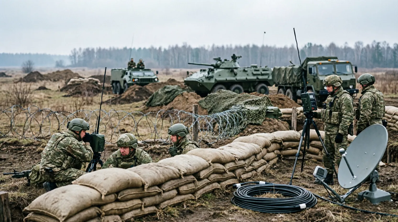 российские военные позиции в районе Купянска, окопы и техника
