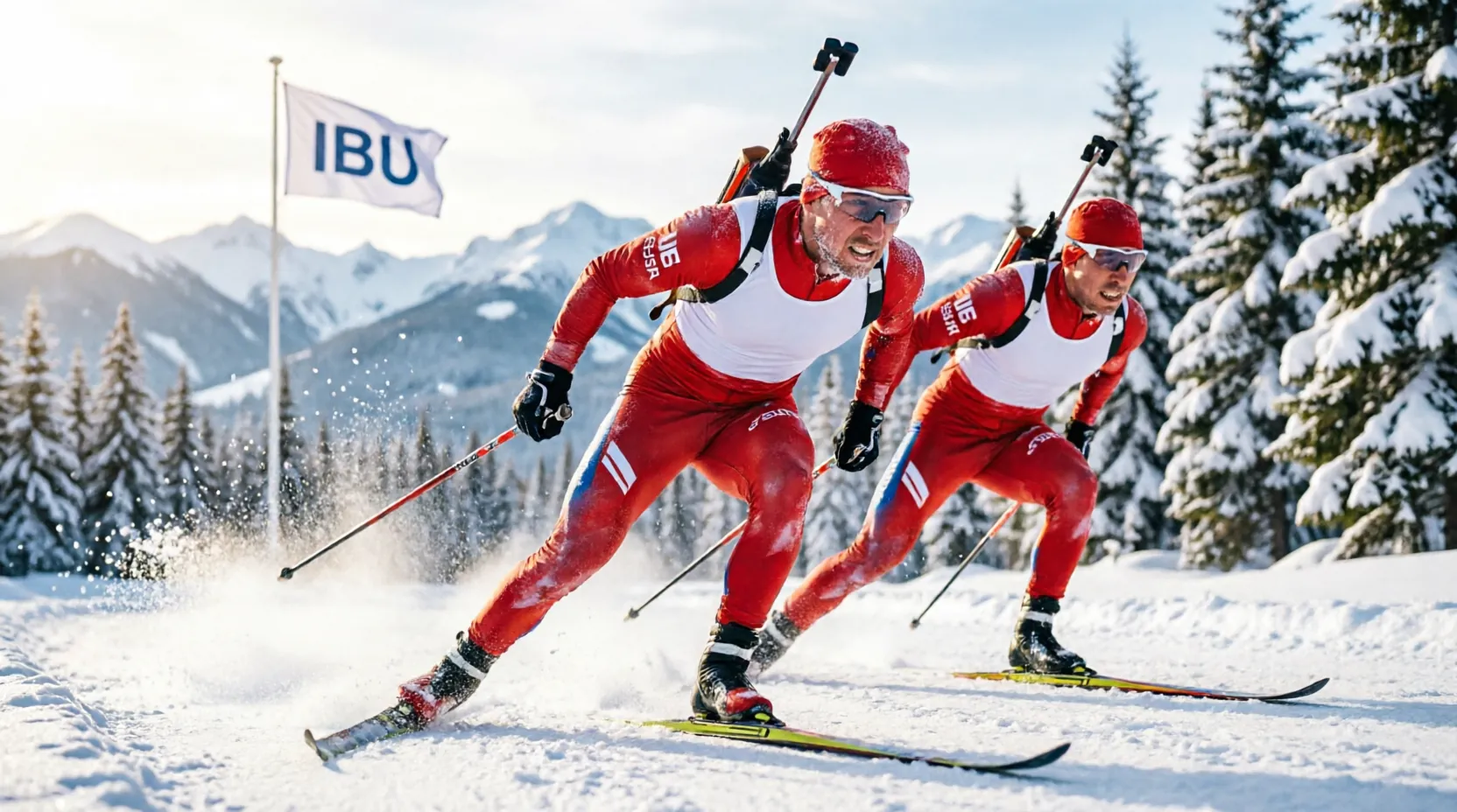 биатлонная трасса с российскими спортсменами на фоне флагов IBU