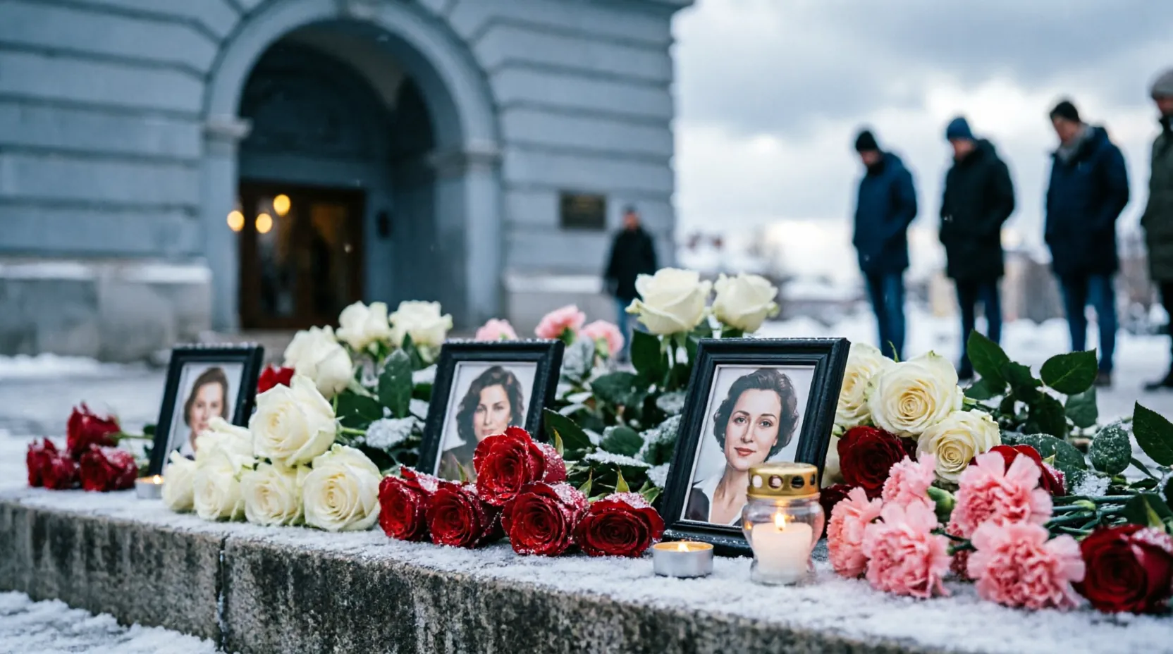 мемориал с цветами и фотографиями Натальи Даниловой у входа в театр