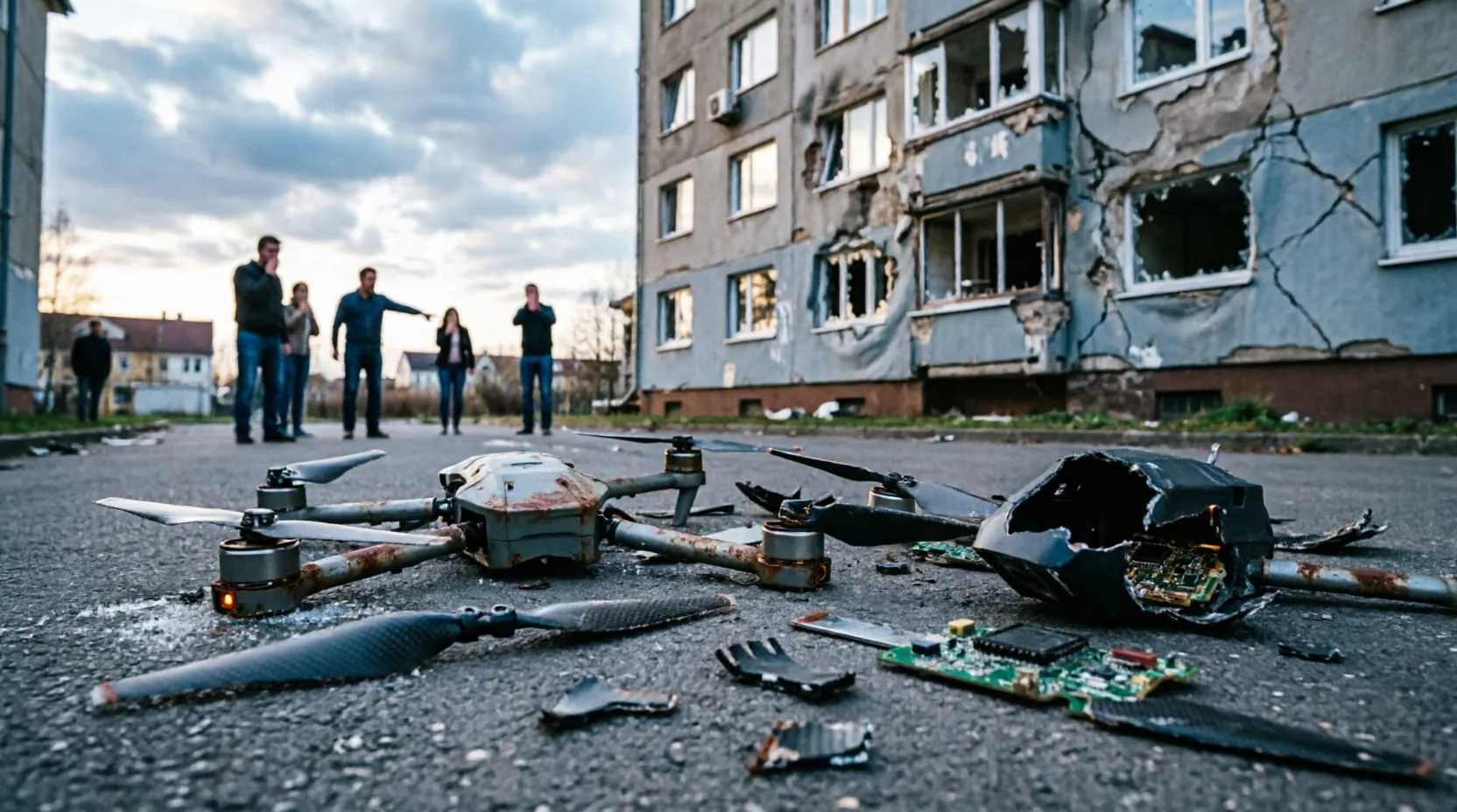обломки беспилотника на асфальте жилого двора, на заднем плане выбитые окна в пятиэтажке