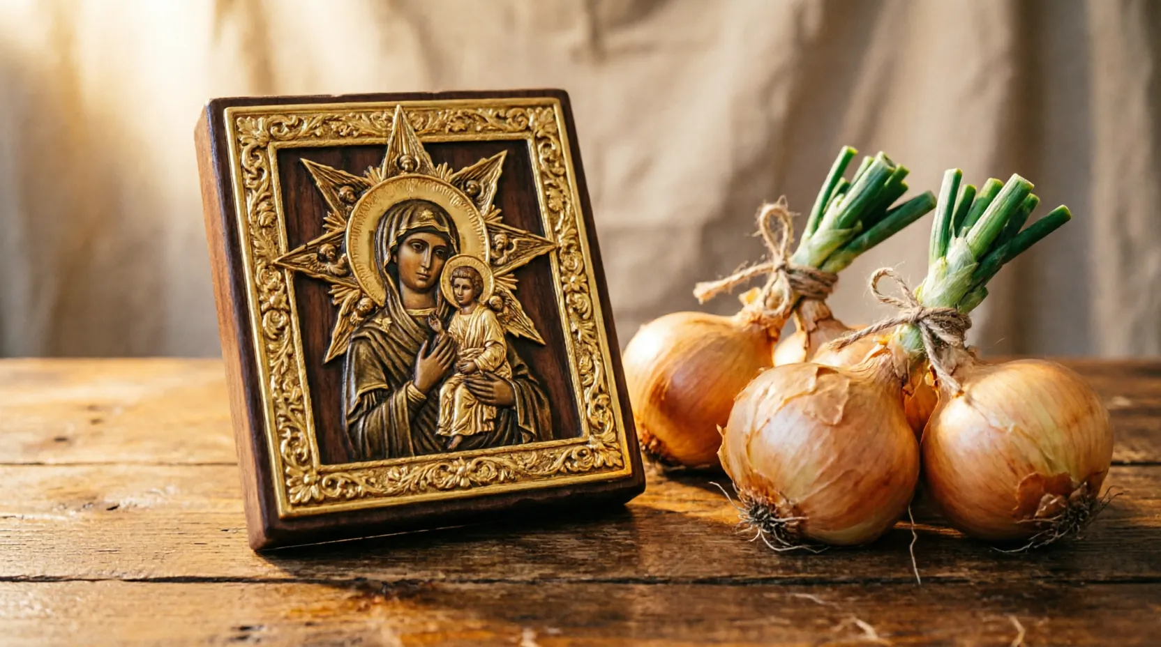 икона Неопалимая Купина и связки лука на деревянном столе
