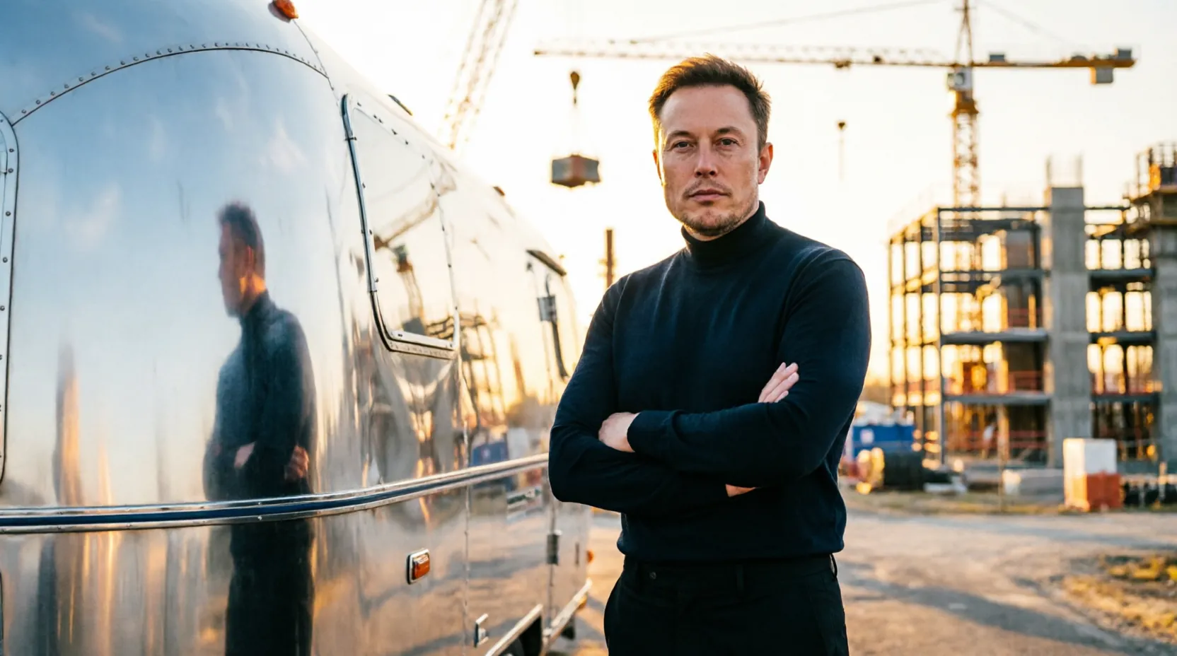 Маск стоит у трейлера Airstream на фоне строящегося дата-центра xAI в Мемфисе