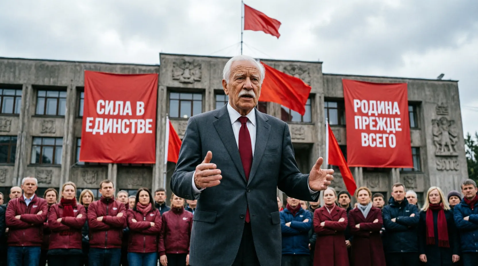 Геннадий Зюганов выступает перед участниками отправки конвоя, за спиной баннер «Всё для Победы!»