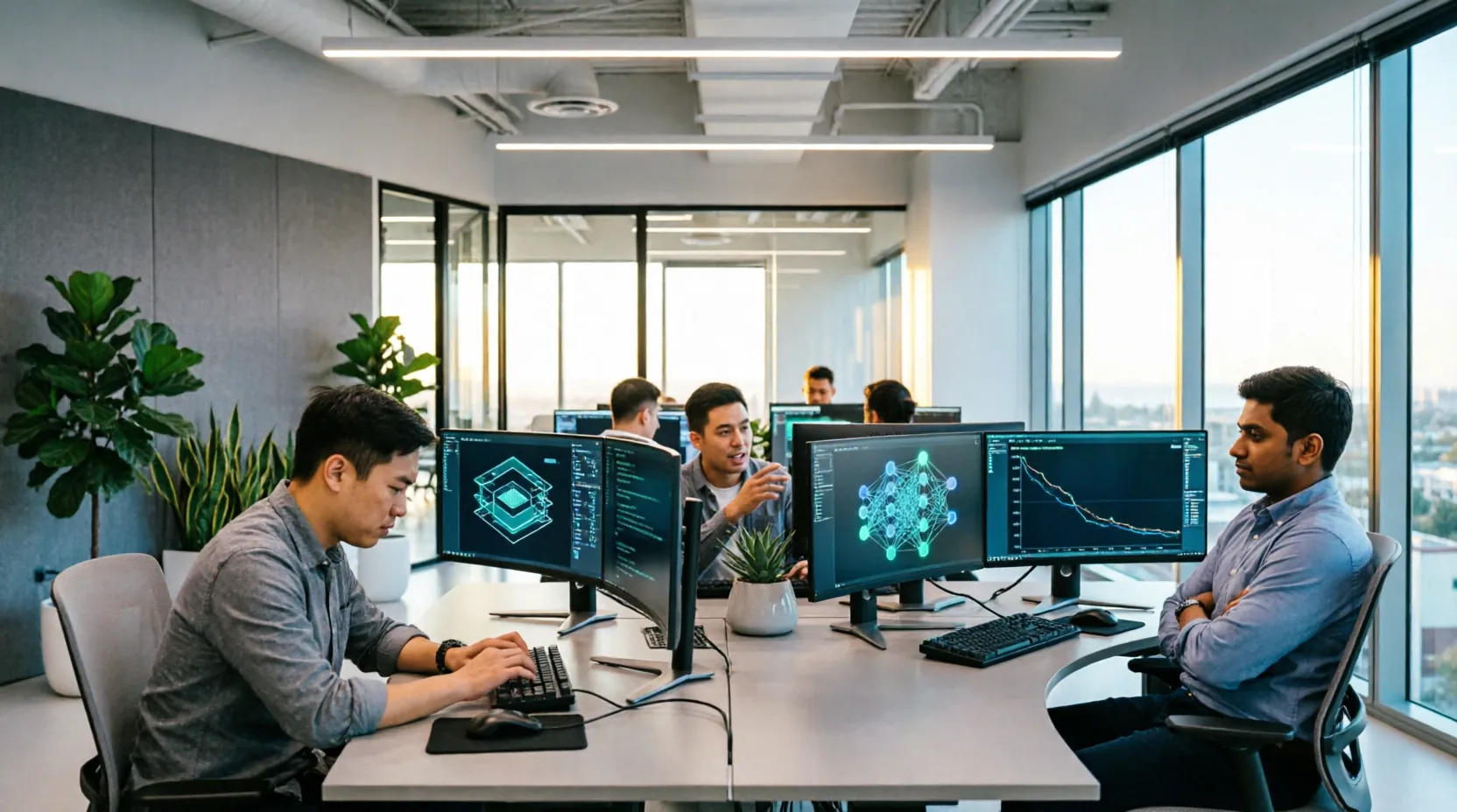 Инженеры Nvidia работают в офисе в Санта-Кларе за компьютерами