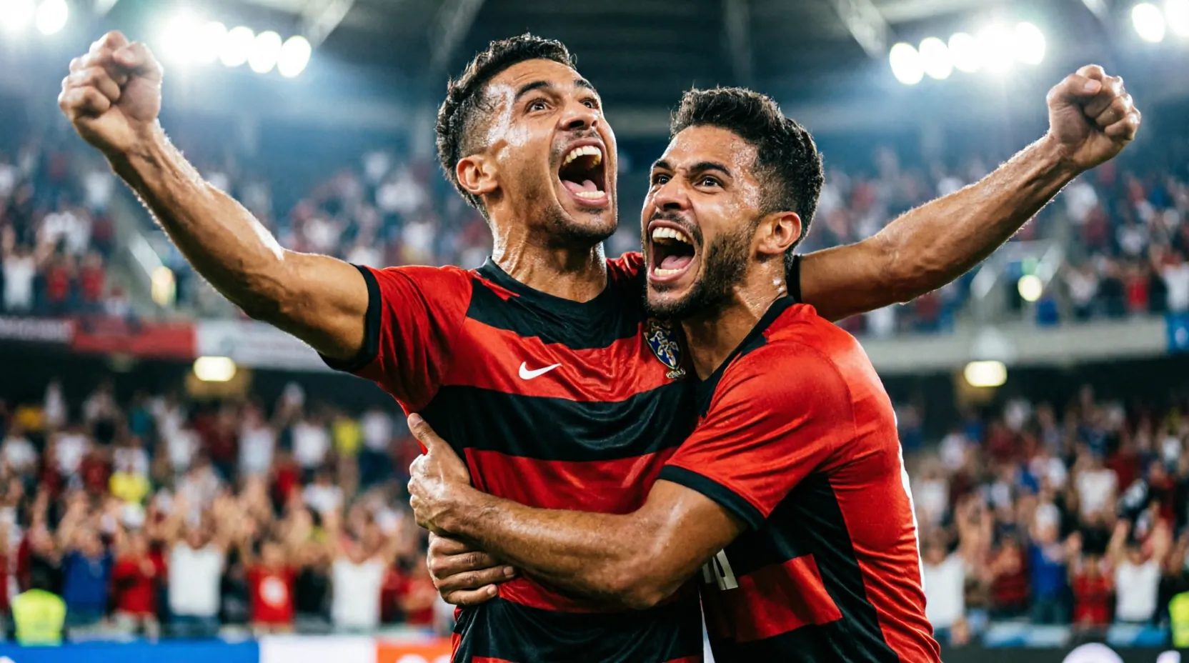 Де Арраскаета празднует гол в ворота Independiente del Valle, игроки Flamengo обнимаются