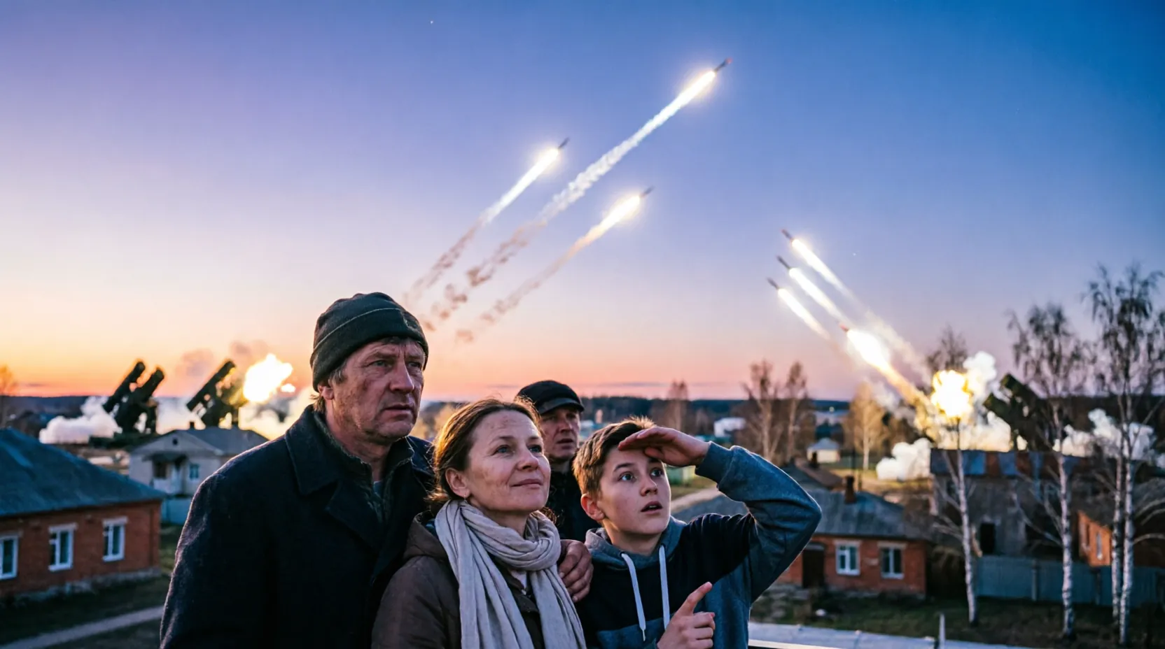 системы ПВО в небе над Брянской областью, следы от ракет, вечернее небо